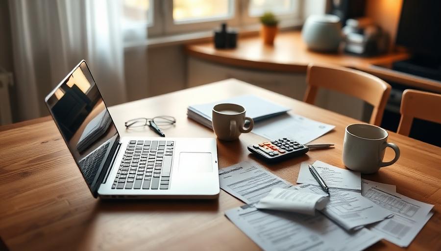 Kitchen table with laptop, calculator and household bills