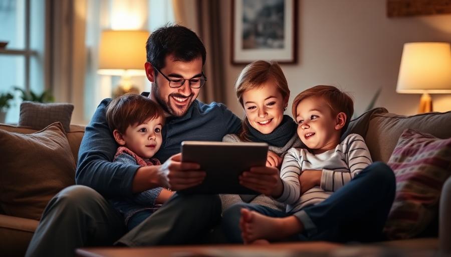 Family comparing options on a tablet in a cozy living room