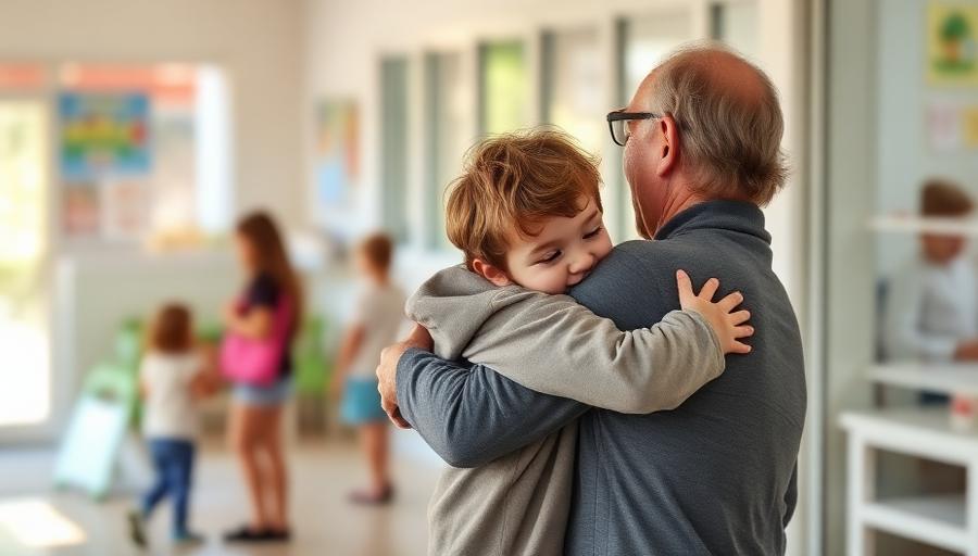 Parent dropping off a young child at a daycare center