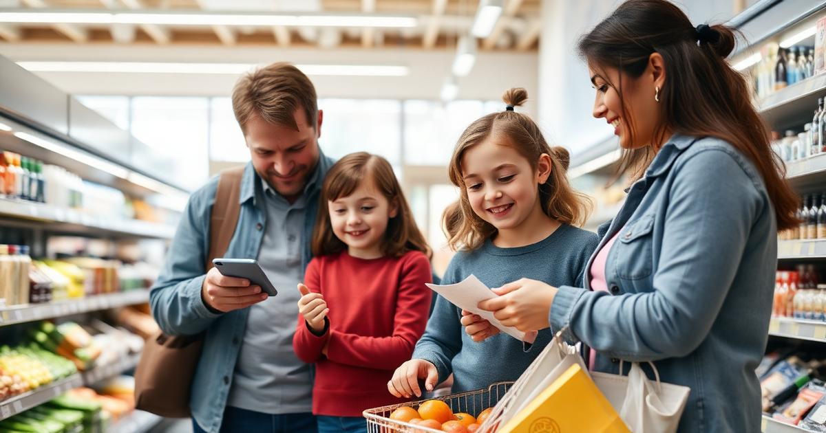 A family of four grocery shopping together, parent checking a receipt on a phone