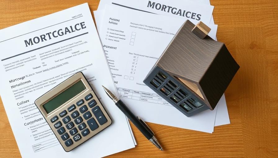 Overhead flat lay of calculator pen and mortgage documents with small house model