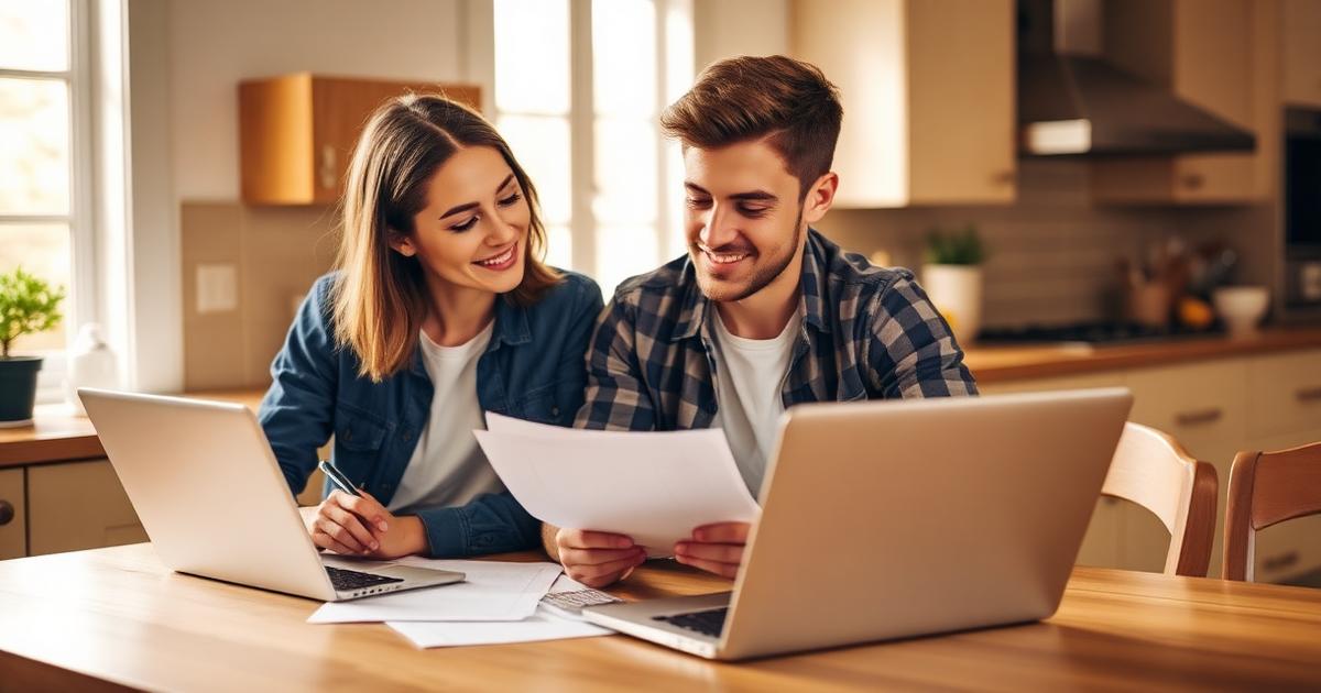 Young couple reviewing paperwork and mortgage calculator at kitchen table