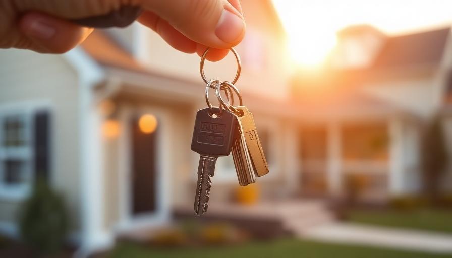 Hand holding house keys in front of a blurred suburban home