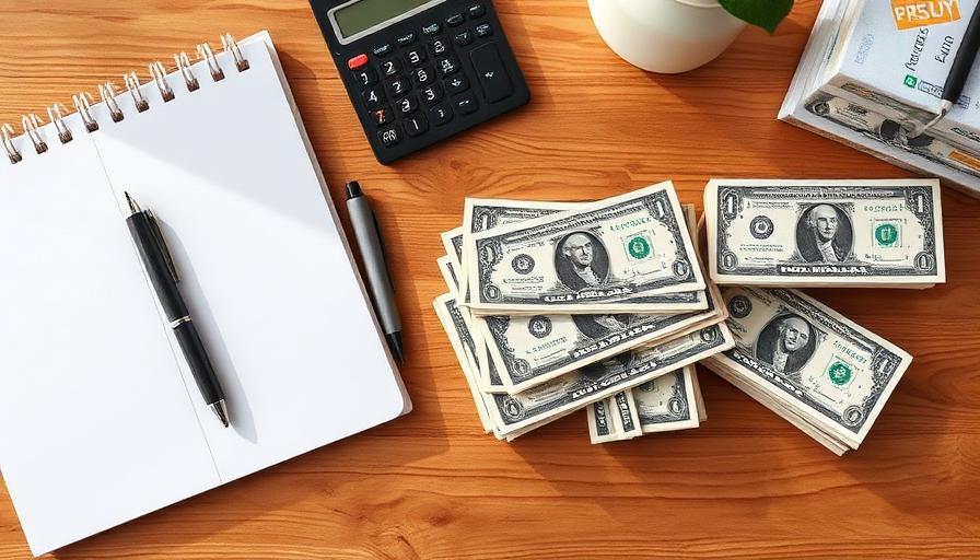 Overhead flat lay of budget notebook, calculator and stacked bills