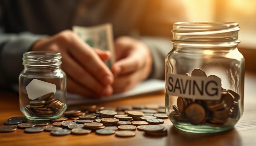 Hands counting cash next to a labeled savings jar
