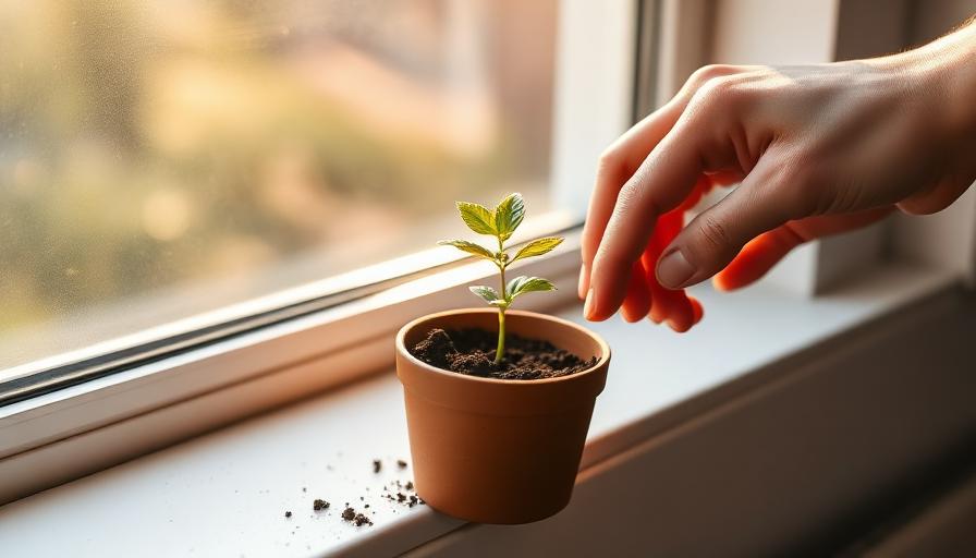 Hand tending a small potted seedling on a bright windowsill