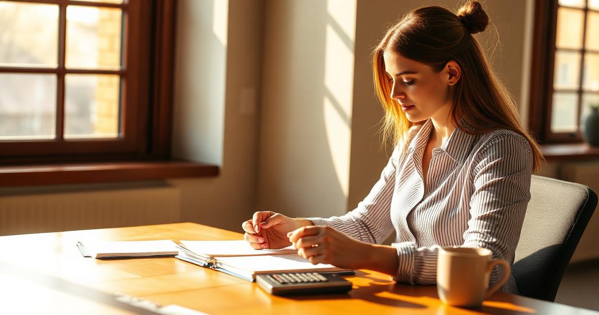 Young professional reviewing her savings plan at a sunlit desk